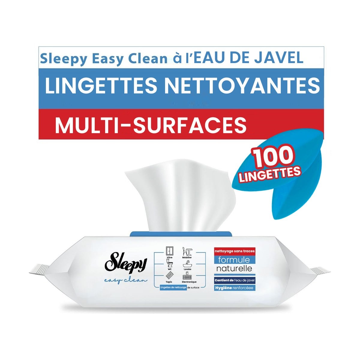 Lingettes nettoyantes multi-usages à l'eau de Javel Sleepy Easy Clean – paquet de 100